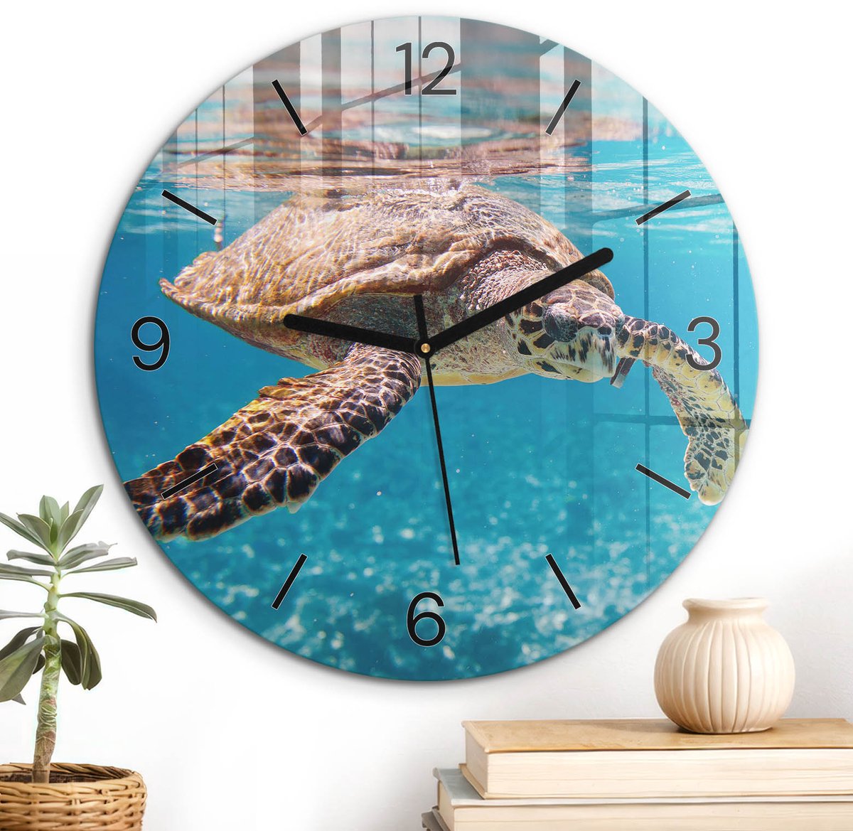 ArtPrintCave Blauw Glazen Klok - Wandklok 30 cm - Muurklok Rond - Zeeschildpad Stille Wandklok - Natuur Wandklok Keuken - Zwarte Klokwijzers
