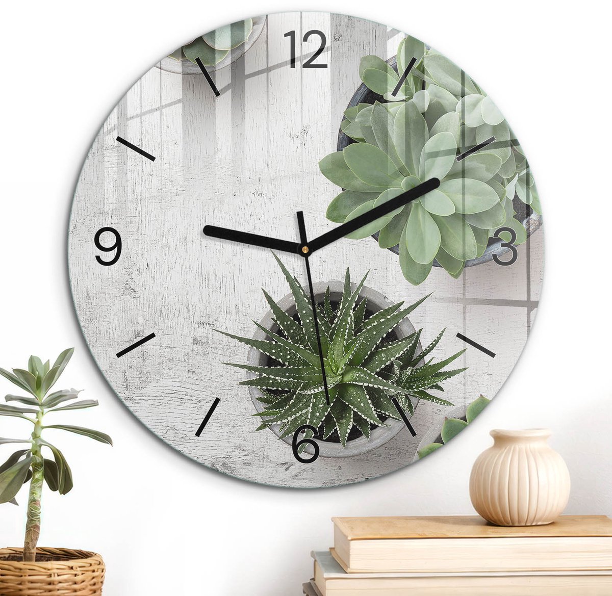 ArtPrintCave Groene Glazen Klok - Wandklok 30 cm - Muurklok Rond - Vetplanten Natuur Stille Wandklok - Natuur Wandklok Keuken - Zwarte Klokwijzers