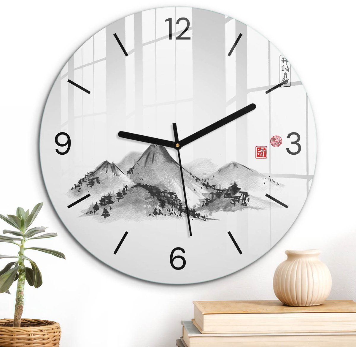 ArtPrintCave Zwart-wit Glazen Klok - Wandklok 30 cm - Muurklok Rond - Berglandschap Unieke Klok - Natuur Stille Wandklok - Zwarte Klokwijzers