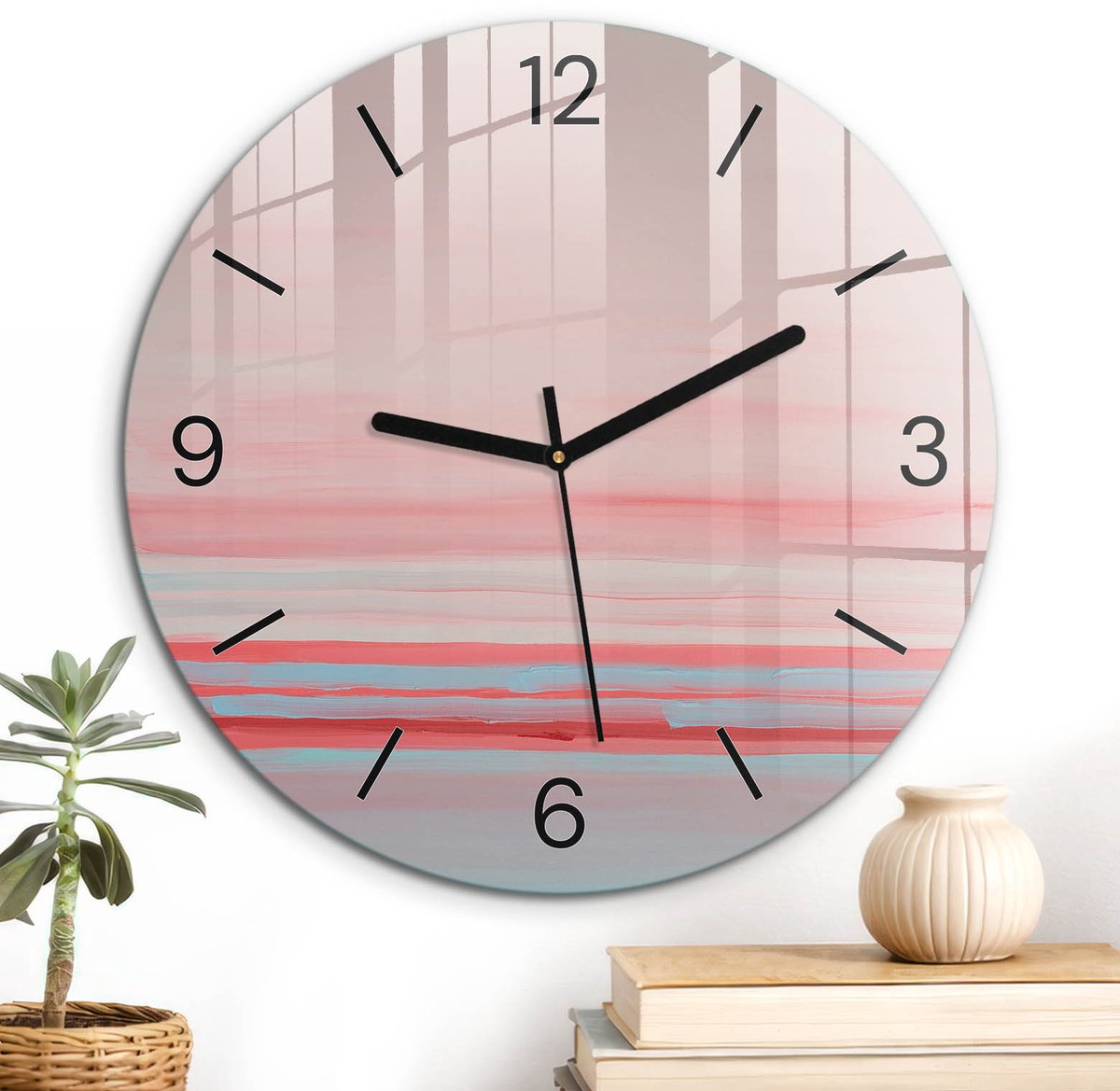 ArtPrintCave Roze Glazen Klok - Wandklok 30 cm - Muurklok Rond - Kleurrijke Strepen Wandklok Keuken - Kunst Unieke Klok - Zwarte Klokwijzers