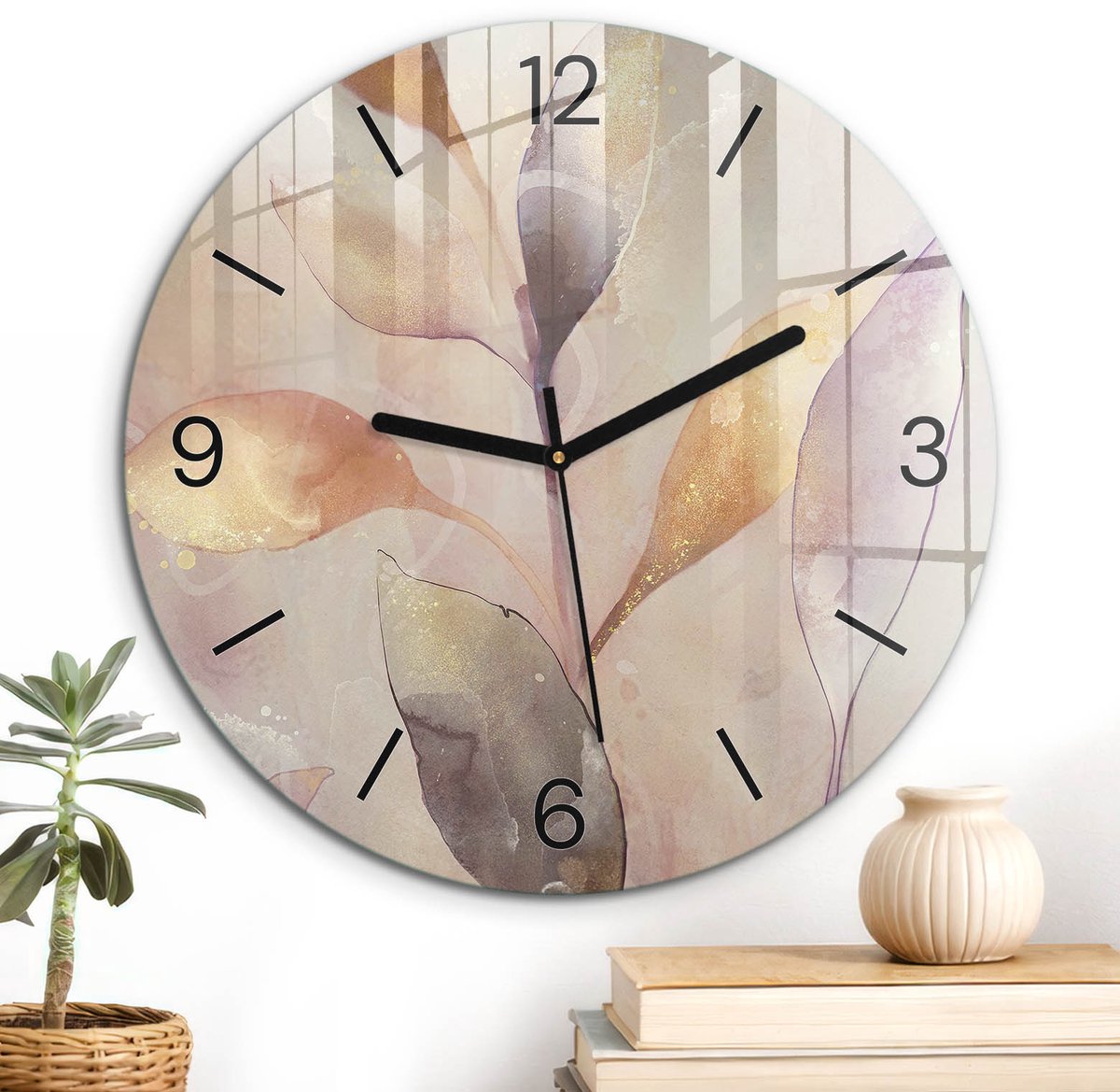 ArtPrintCave Beige Glazen Klok - Wandklok 30 cm - Muurklok Rond - Pastelkleurige Bladeren Stille Wandklok - Abstractie Wandklok Keuken - Zwarte Klokwijzers
