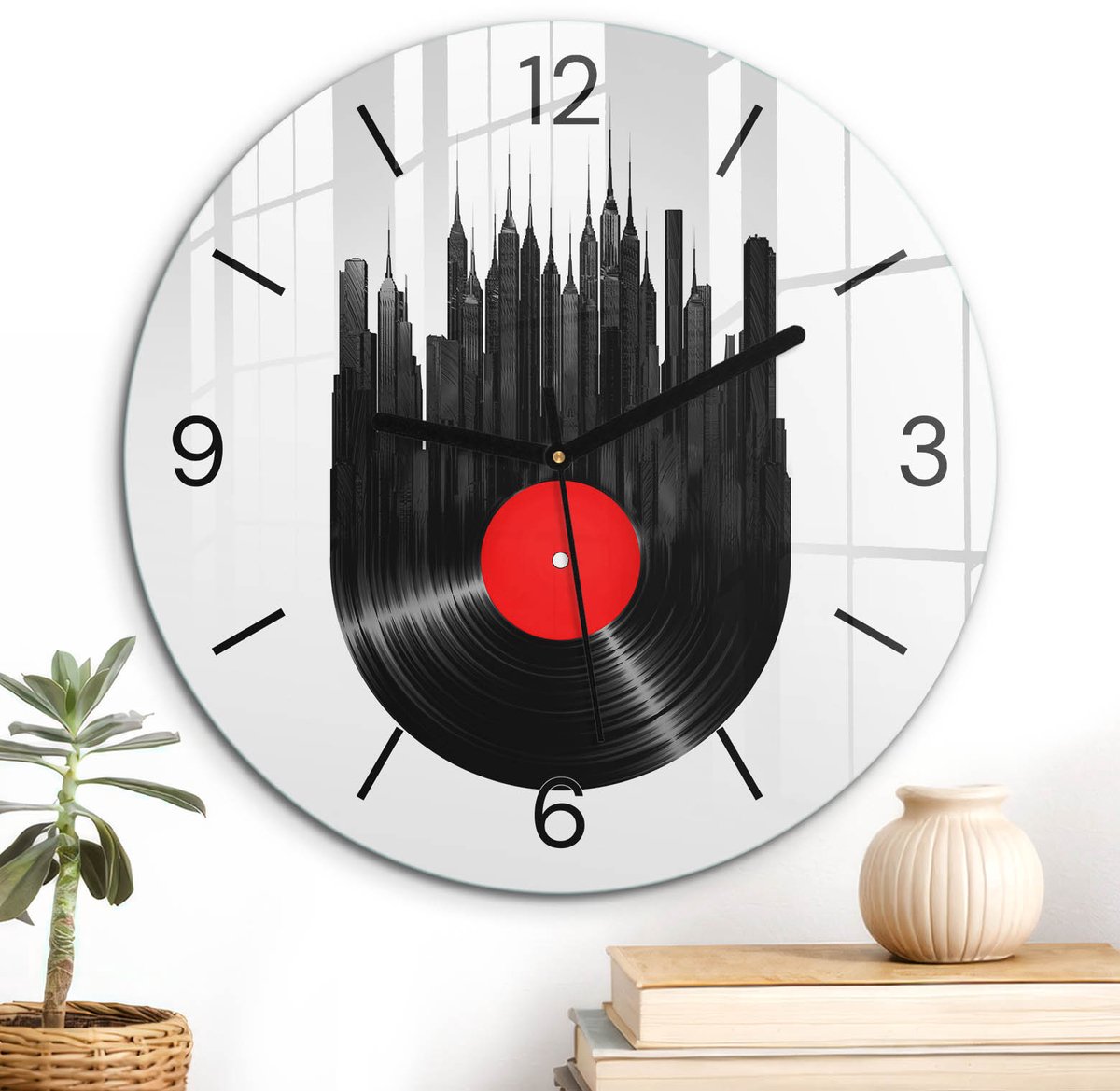 ArtPrintCave Zwart Glazen Klok - Wandklok 30 cm - Muurklok Rond - Muzikaal Panorama Wandklok Keuken - Steden Unieke Klok - Zwarte Klokwijzers
