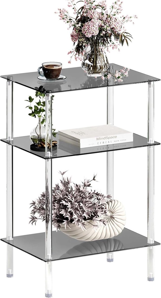 Vellaro Bijzettafel verstelbaar - Zwart - 40 x 30 x 61 cm - Glazen Bijzettafel met 3 Planken - Voor Woonkamer en Slaapkamer