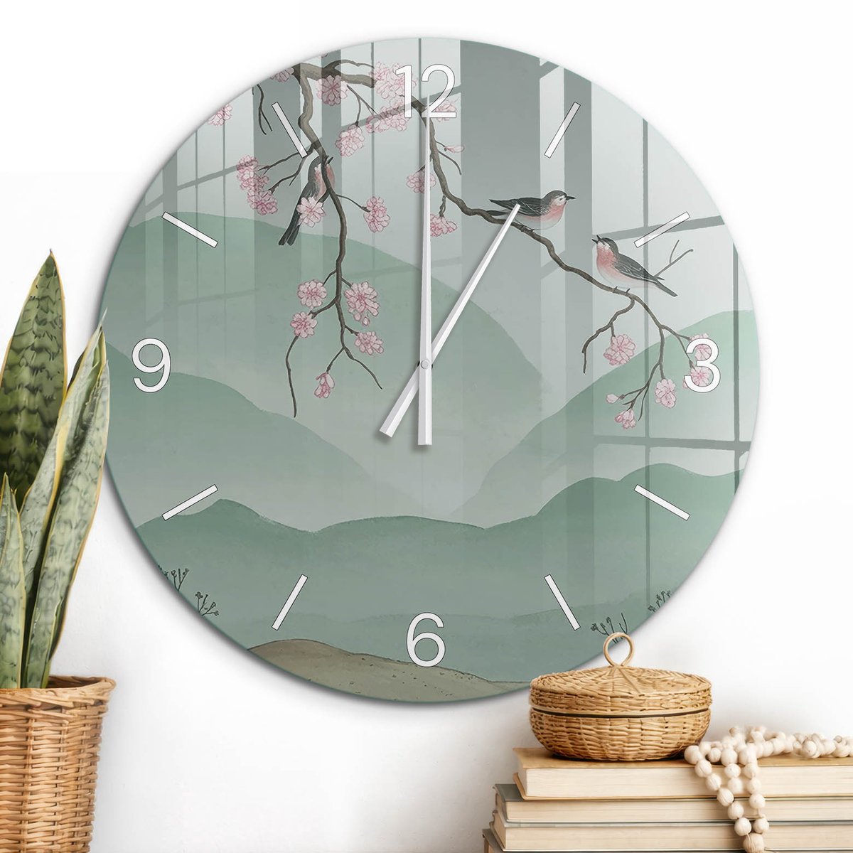 ArtPrintCave Groene Glazen Klok - Wandklok 60 cm - Muurklok Rond - Bloeiende Natuur Unieke Klok - Bloemen En Planten Stille Wandklok - Witte Klokwijzers