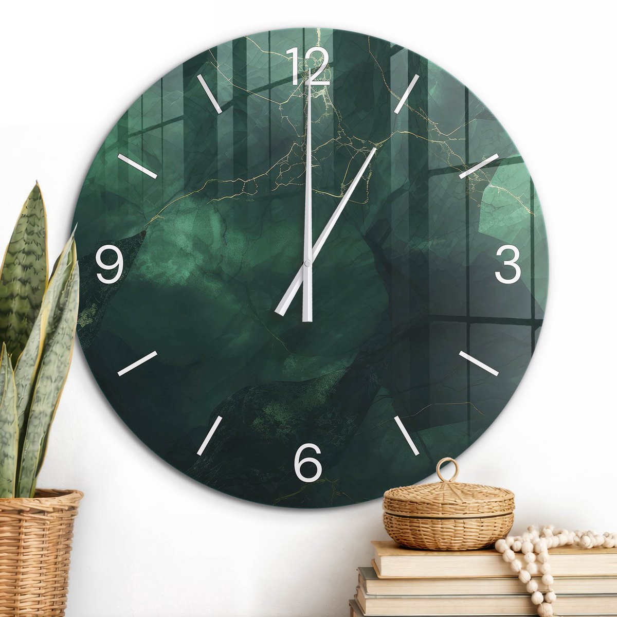 ArtPrintCave Groene Glazen Klok - Wandklok 60 cm - Muurklok Rond - Groen Marmer Stille Wandklok - Abstractie Wandklok Keuken - Witte Klokwijzers