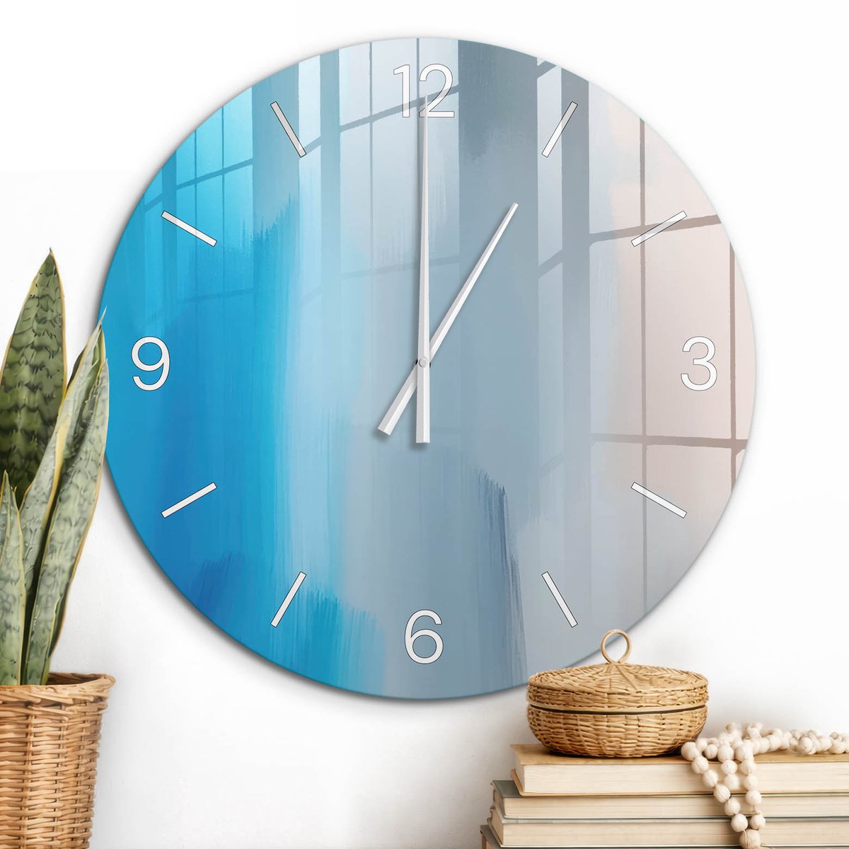 ArtPrintCave Blauw Glazen Klok - Wandklok 60 cm - Muurklok Rond - Pastel Abstracties Wandklok Keuken - Kunst Unieke Klok - Witte Klokwijzers
