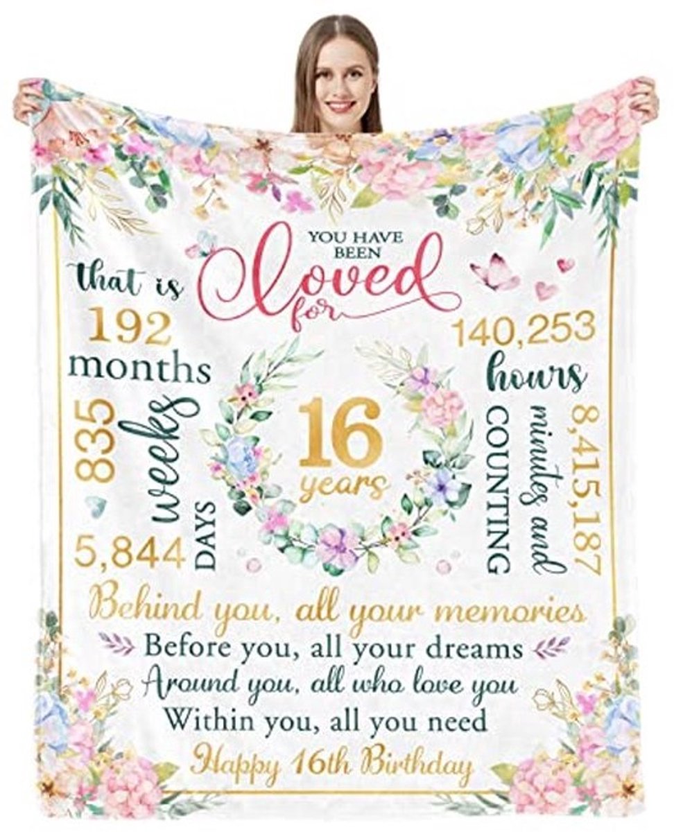 Verjaardagsdeken voor Tienermeisjes - Roze en Witte Flanellen Deken met Bloemenprint - Ideaal voor 16e Verjaardag