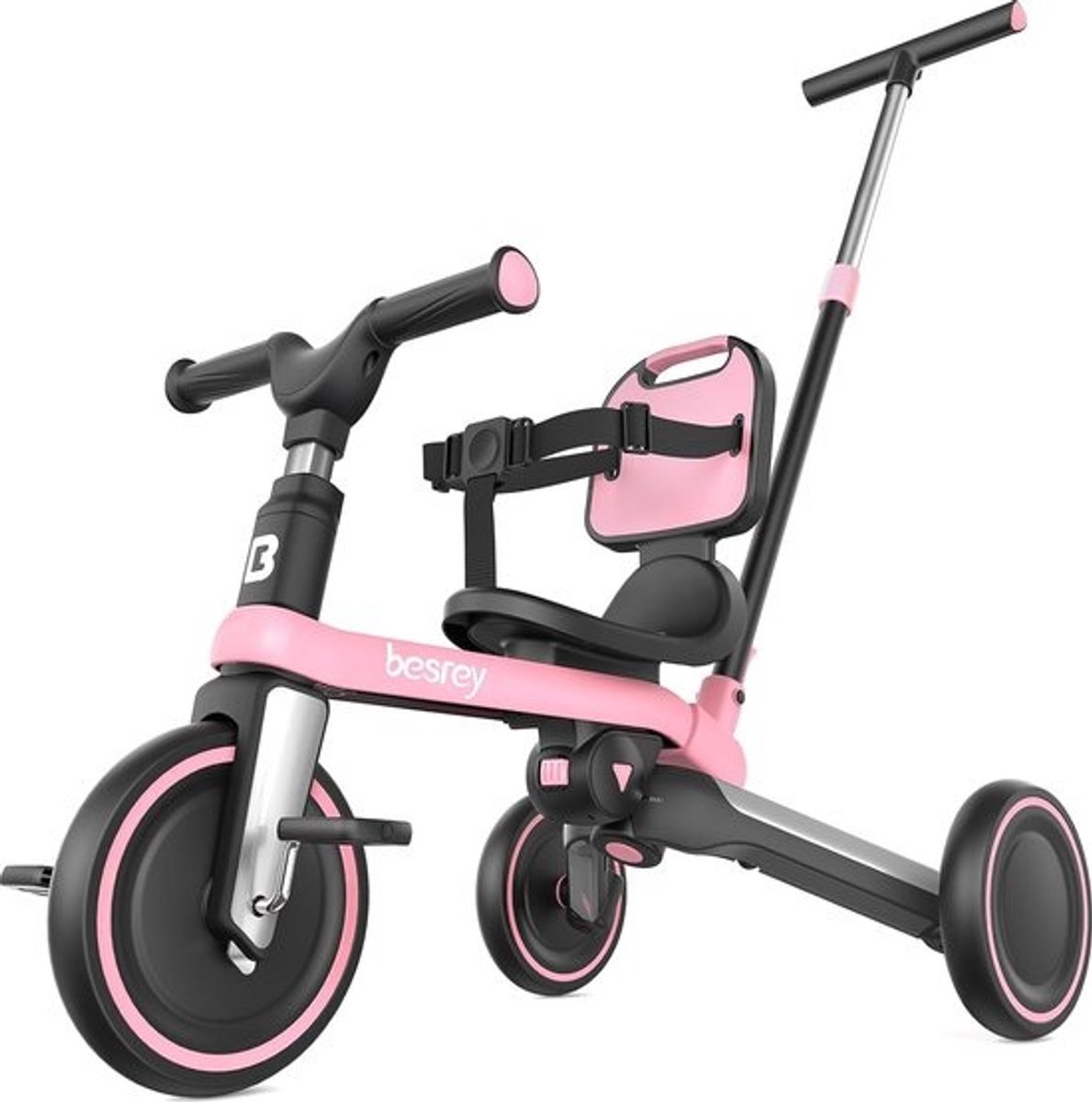 7-in-1 driewieler voor kleine kinderen met stuurgreep voor 1-5 jaar, opvouwbare loopfiets, peuterfiets met wielkoppeling, grotere wielen, afneembare pedalen, in hoogte verstelbare zitting, roze