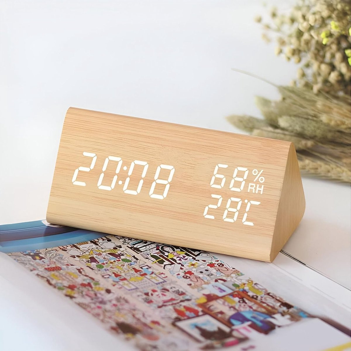Wekker, digitale klok, led datum, temperatuur, vochtigheidsweergave, 3 niveaus, instelbare helderheid, 3 alarmen, spraakbesturing voor thuis, kantoor, kinderen