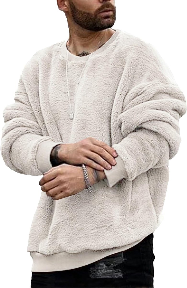 Teddyfleece trui voor heren met ronde hals, pluizige tops, sweatshirt, lichte en winddichte wintertrui