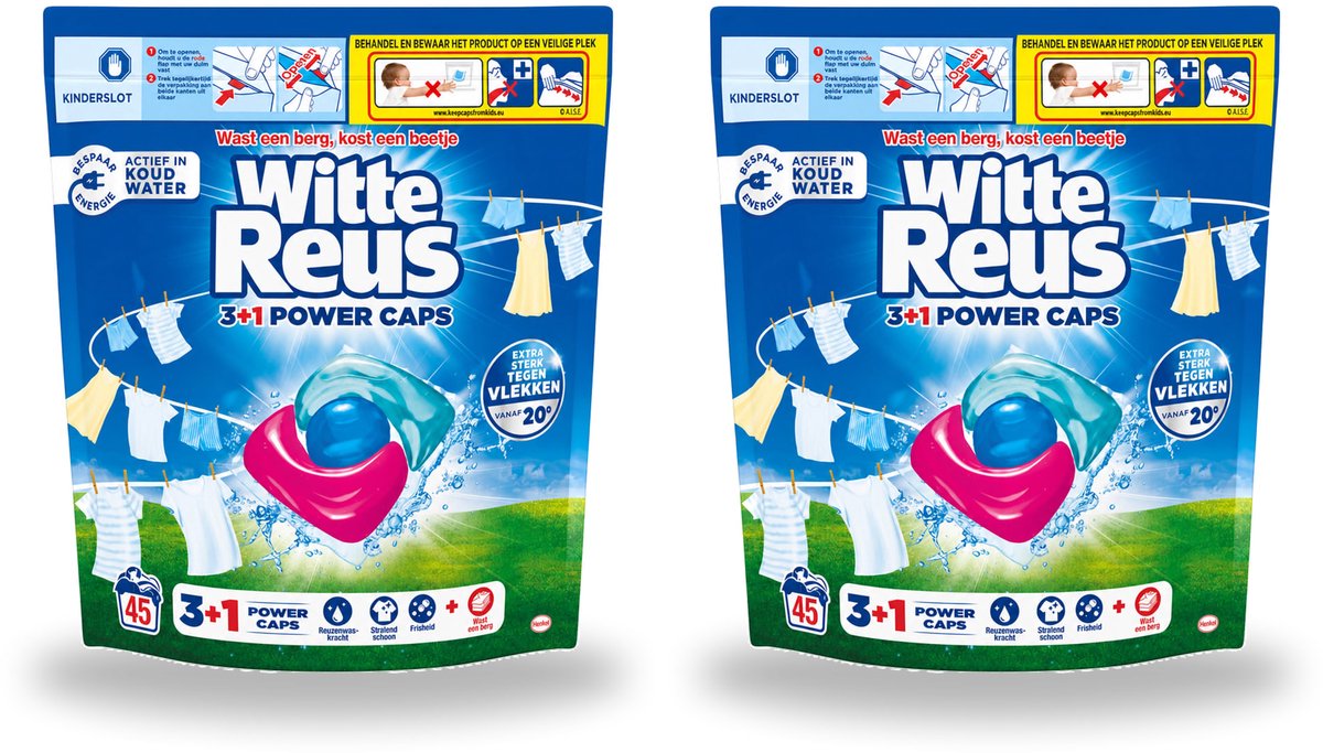 2 x Witte Reus - 3+1 Power Caps - Witte Was - 45 Wasbeurten - Voordeelverpakking - 2 stuks