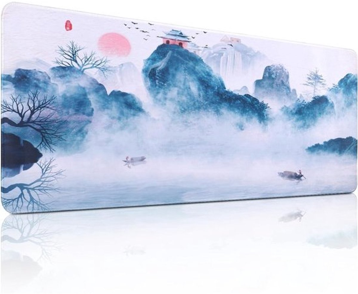 Extra large gaming-muismat 800 x 300 mm - blauwe bureaumat met inktt tekening, waterdicht en antisliprubber, ideaal voor kantoor en thuisgebruik