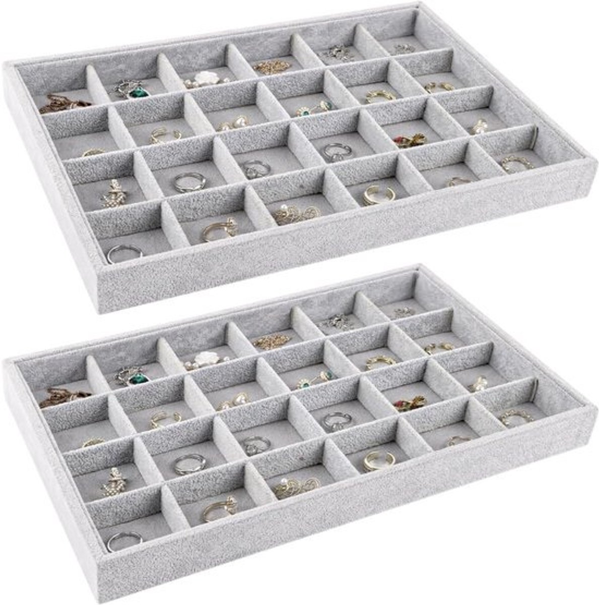 2 Stuks Sieradenbox met 24 Vakken, Stapelbare Organiser voor Sieradenopslag, Ideaal voor Kettingen, Armbanden, Oorbellen en Ringen (Grijs)