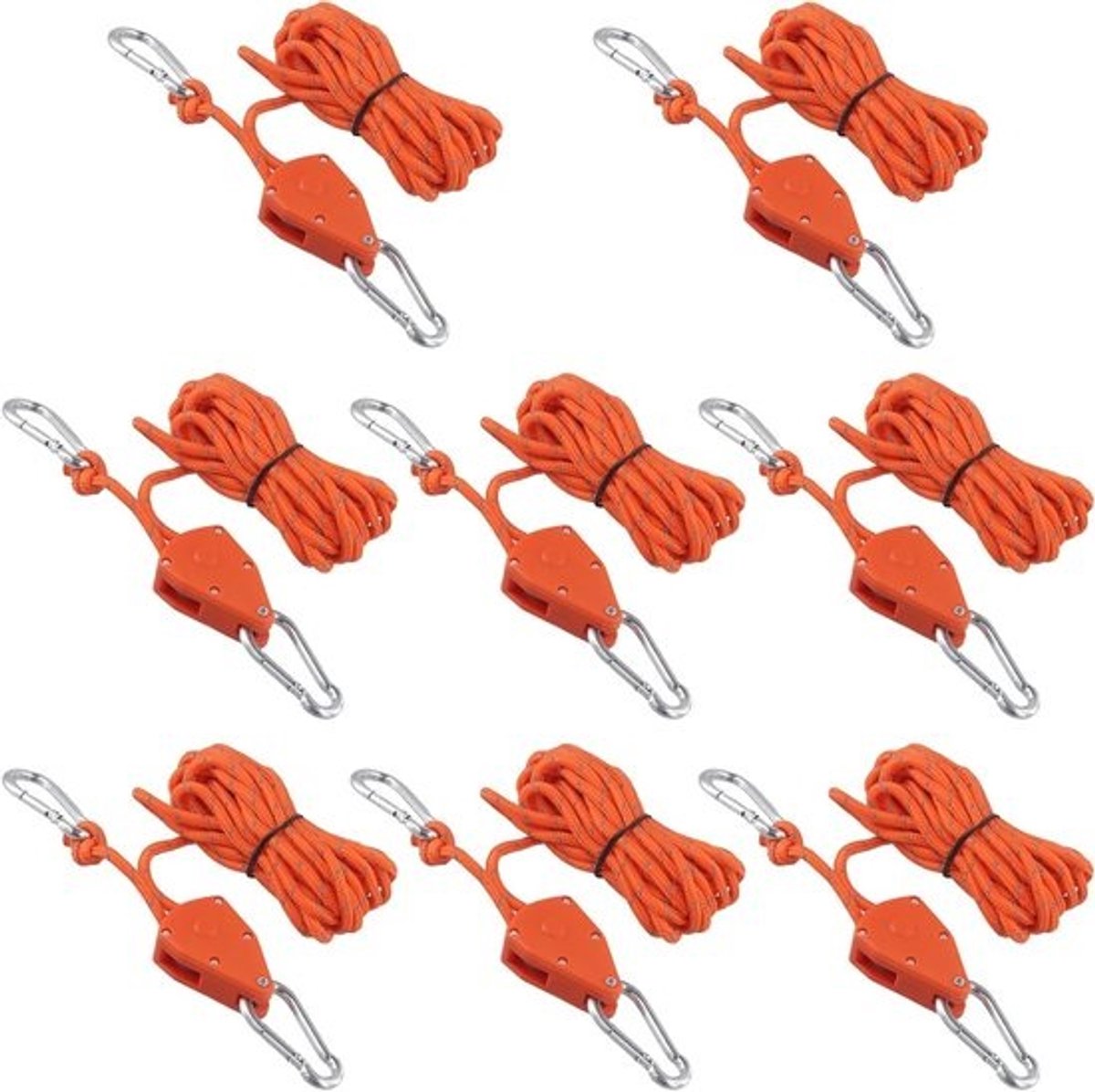 8-delige Verstelbare Touwset voor Kamperen, 4mm Touw met Haken, 4m Tentkoord met Spanner voor Tent, Luifel en Buitenactiviteiten (Oranje)