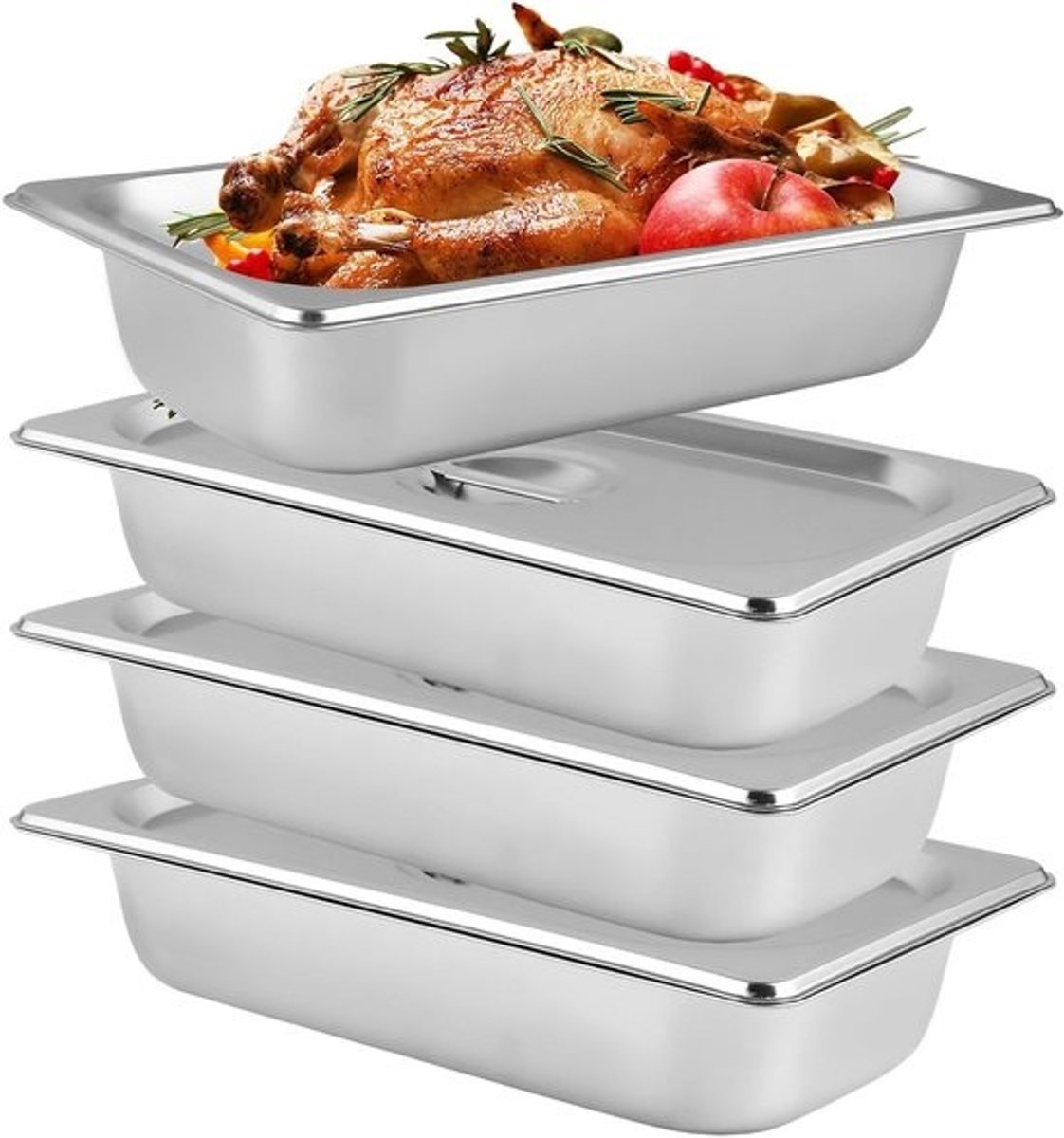 Set van 4 - Bredingsschalen met deksel - RVS - GN 1/3-containers - 32.5 x 17.5 x 6.5 cm - Voor vlees, vis en groentenbredingen