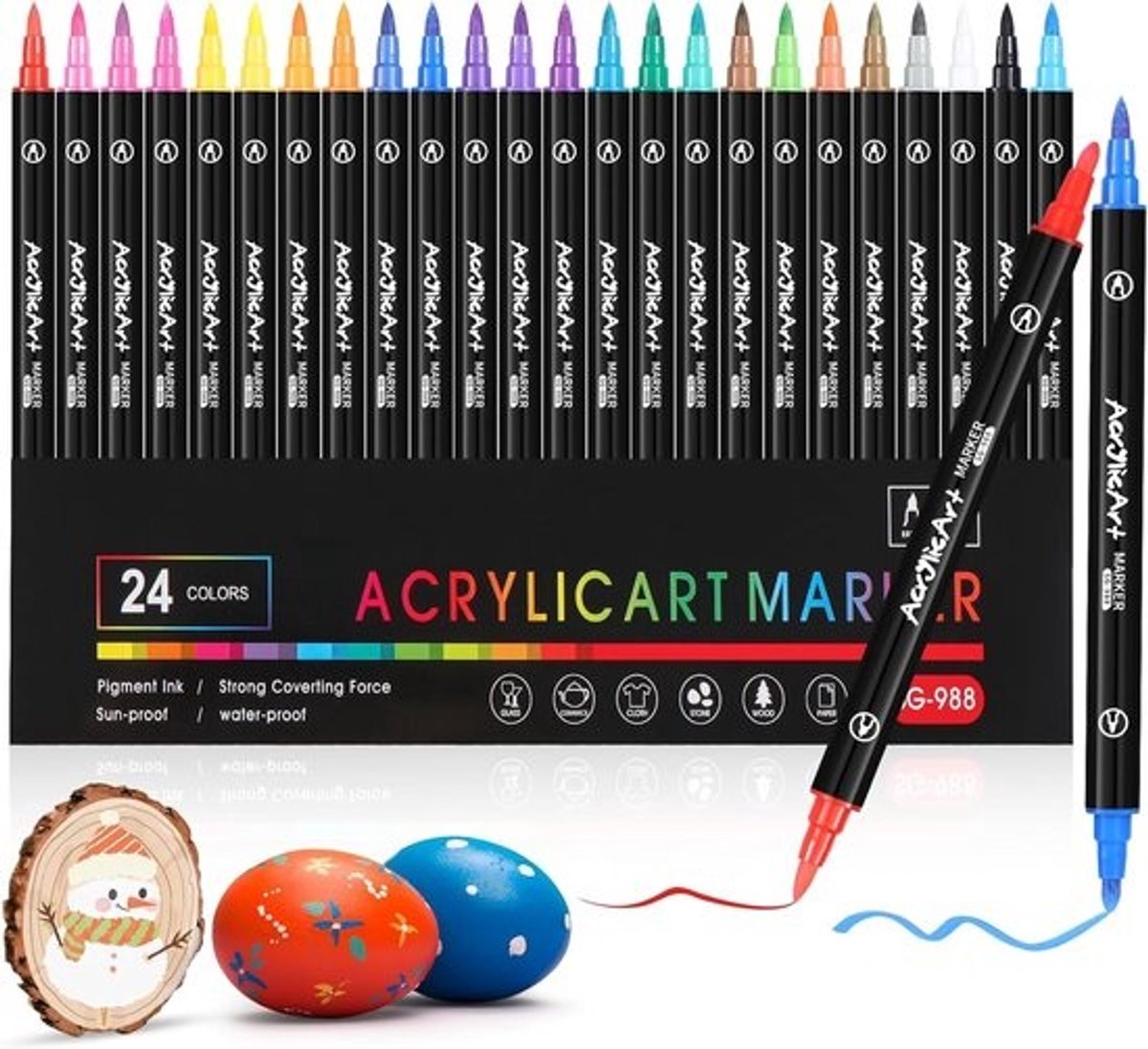 24 Kleuren Acryl Stiften Set met Dual Brush Pen voor Volwassenen – Waterproof Textiel Stiften voor Steen, Hout, Papier en Keramiek DIY