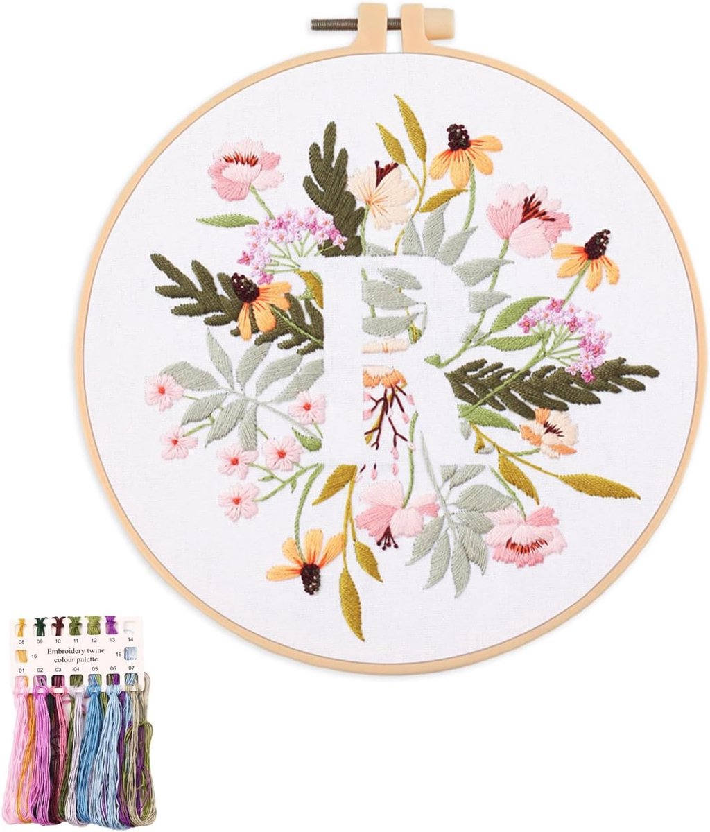 Artcici Borduurpakketten Plant Bloem Letter R Patronen voor Beginners Volwassenen, Volledige Range Borduurwerk Starter Kits Kruissteek Handwerk Benodigdheden