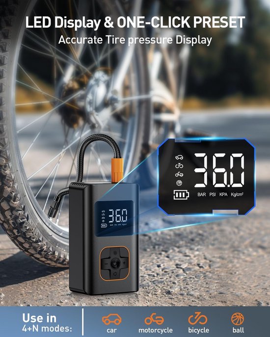 Elektrische Fietspomp - 1500mAh - Draagbare bandenpomp - Luchtcompressor - Elektrische Bandenpomp - Oplaadbaar & Draagbaar - Compressor - USB voeding - Incl. Opbergtas en 5 Opzetstukken - voor Fiets, Scooter, Motor en Auto - Zwart — afbeelding 5