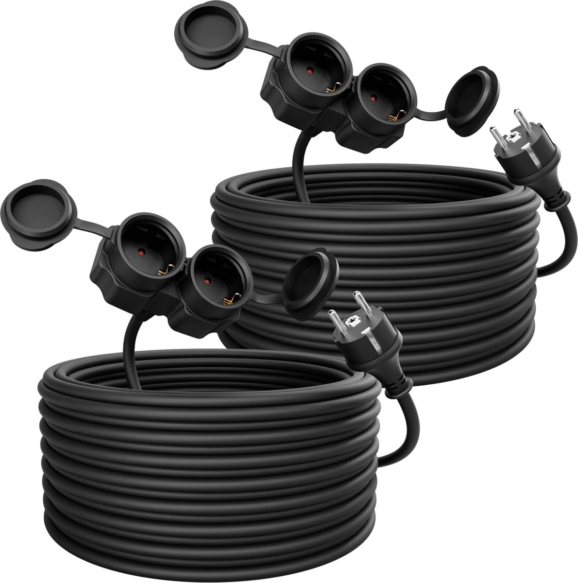 Greate Verlengkabel, 2 stuks, 20 m, 2 stopcontacten, waterdicht conform IP44, voor buiten, 3500 W, verlengkabel, stekkerverlenging, verlengkabel