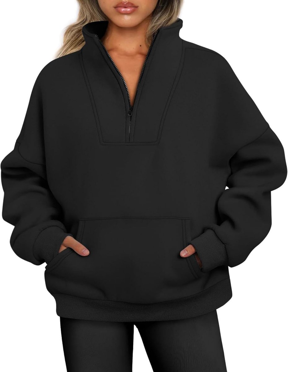 Damestrui met halve rits, met fleece gevoerd, herfst, ritssluiting, opstaande kraag, oversized sweatshirt zonder capuchon