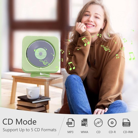 Draagbare cd-speler met Bluetooth - desktop cd-speler voor thuisgebruik, cd-muziekspeler met afstandsbediening, timer, ingebouwde dubbele luidsprekers met led-display, home audio boombox met FM-radio (groen) — afbeelding 4