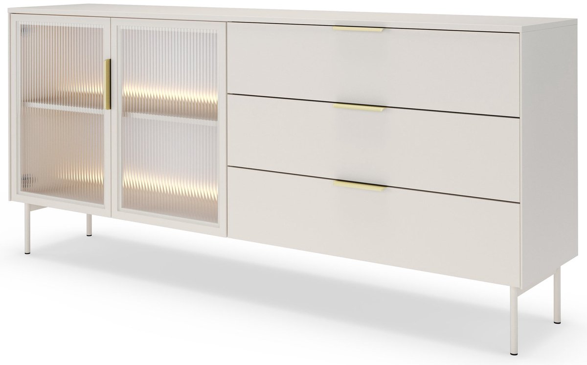 Selsey Lumi – Dressoir met 2 deuren - glazen fronten - 3 lades en LED-verlichting - eik Dunin - 181 cm