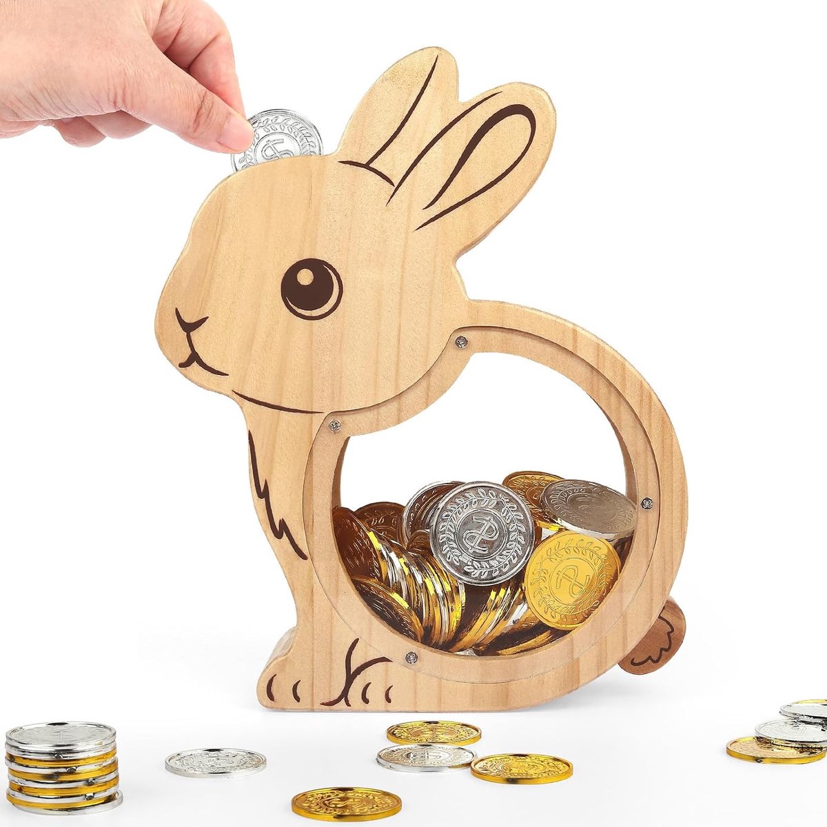 Spaarpot voor kinderen, van hout, gepersonaliseerd spaarvarken voor jongens en meisjes, verdikte dierspaarpot voor munten en contant geld, met doe-het-zelf stickers, voor verjaardag en