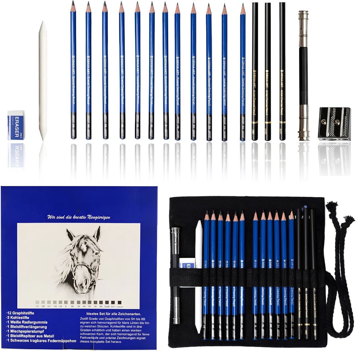 JCP® Tekenset - Professionele Tekenset 20pcs - Tekenset voor Volwassenen en Kinderen - Blauw - 1cm x 1cm x 1cm