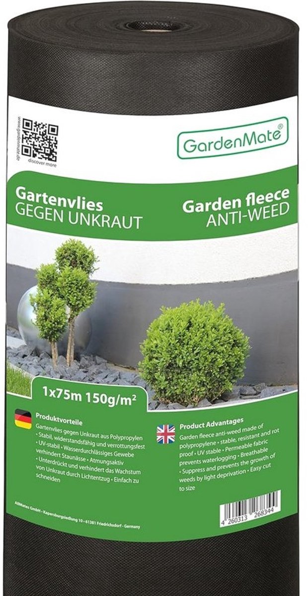 Anti-Onkruiddoek 150g/m² - Scheurvast en Waterdoorlatend Gronddoek - 1mx75m