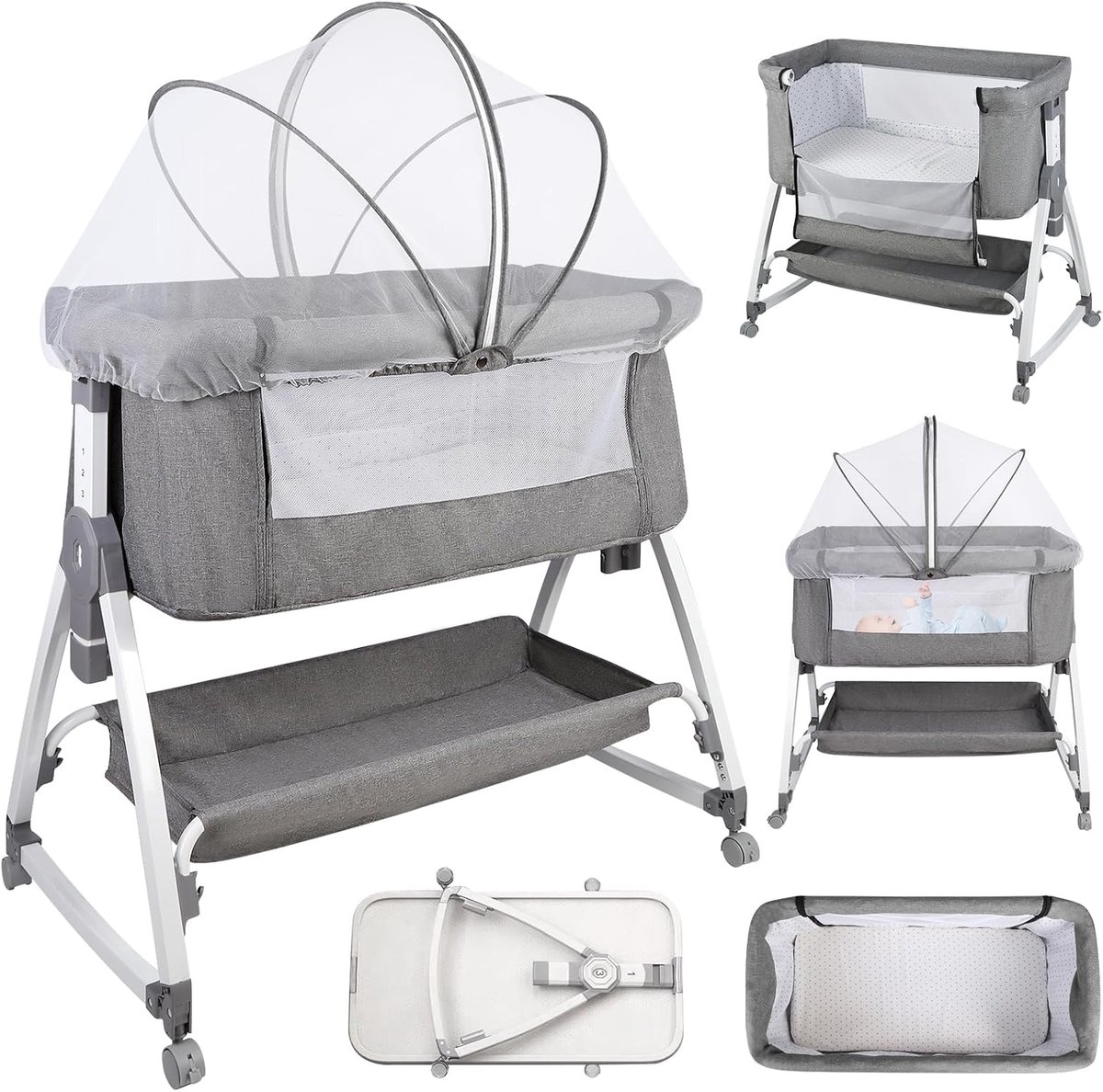 2-in-1 Baby Co-sleeper & Aanschuifbedje, 0-6 Maanden (0-20 kg), Verstelbaar, 6 Hoogtestanden, Gewatteerd Matras, Meshstof Zijkanten, Inklapbare Zijkant-80 * 40 * 100-115cm-linnen