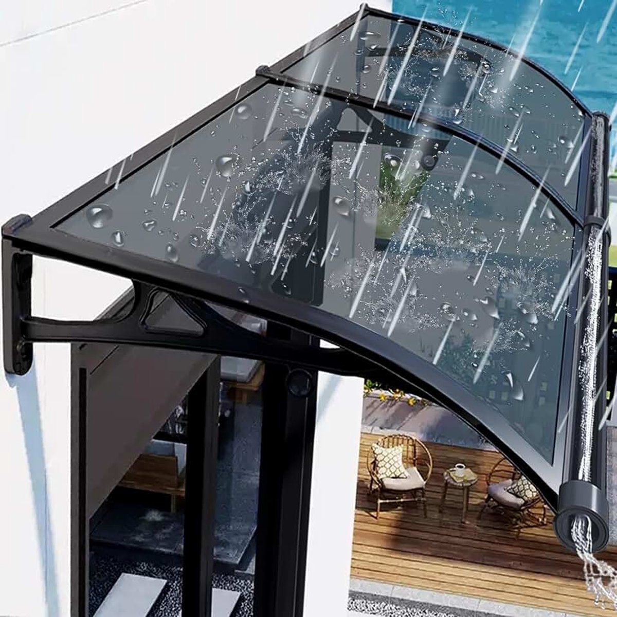 Overkapping, 60 x 180 cm, huisdeurdak, tafelluifel, boogluifel van aluminium en polycarbonaat, deurdak voor buiten, zonwering, regenbescherming, grijs