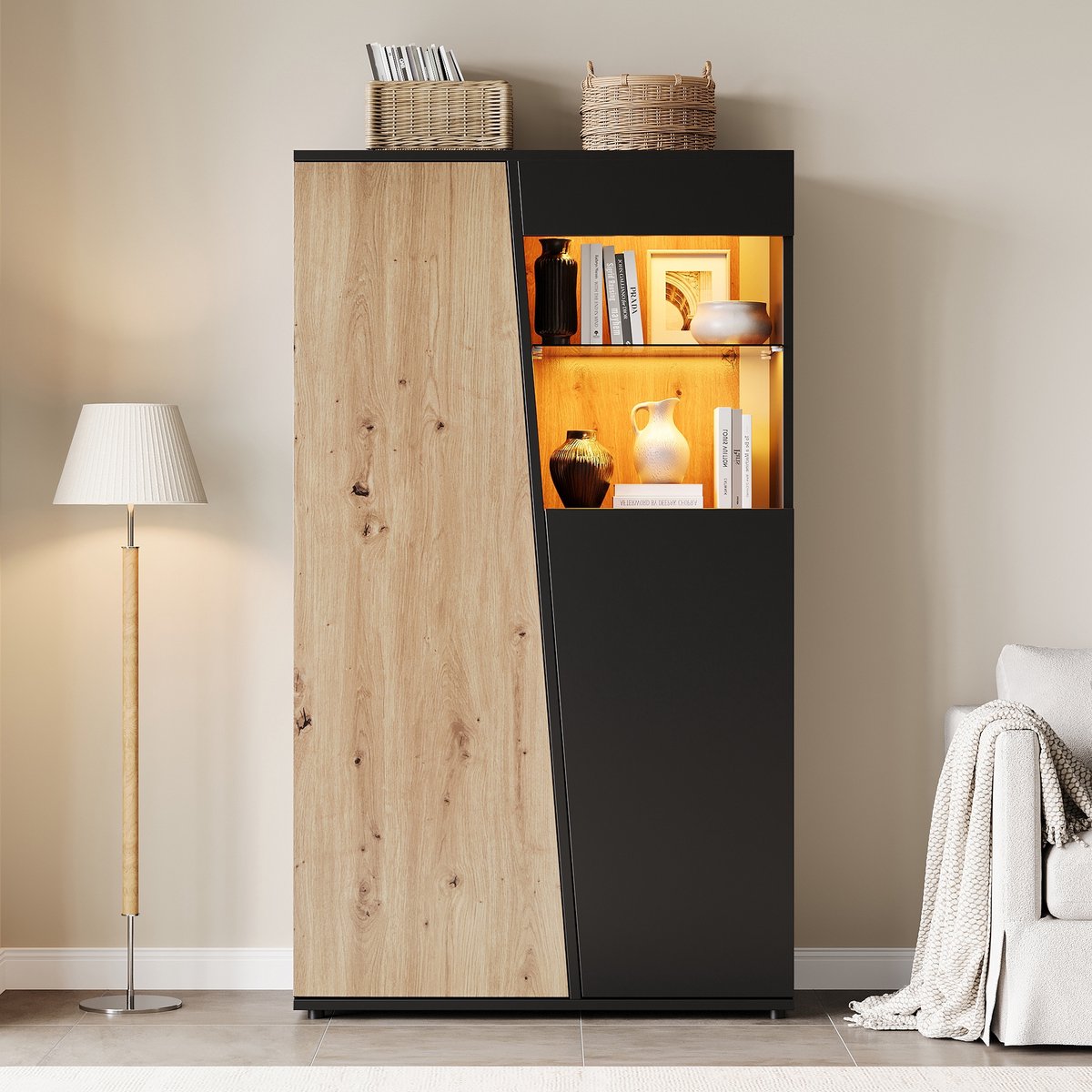 PHOEBE CAT Boekenkast - Vitrinekast - Opbergmeubel - LED-verlichting - Houtlook - Glazen planken - Zwart + Naturel