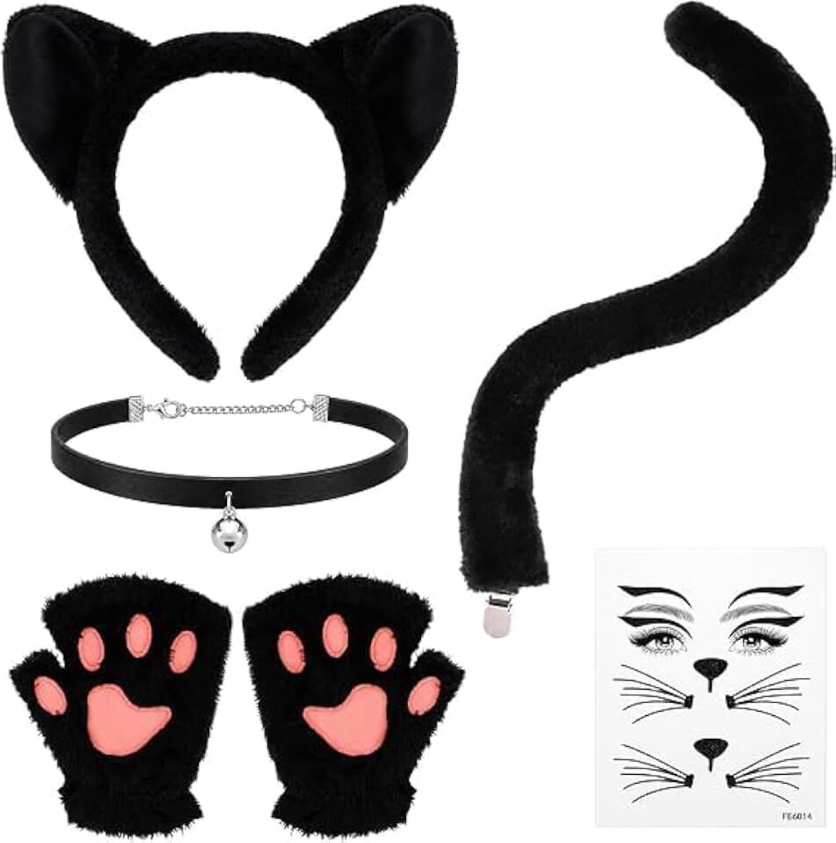 Kattenkostuum voor dames, zwart, pluche, kattenkostuum, accessoireset met kattenoren, haarband, kattenpoten, handschoenen, gezichtsstickers, halsketting, staart voor Halloween, carnaval