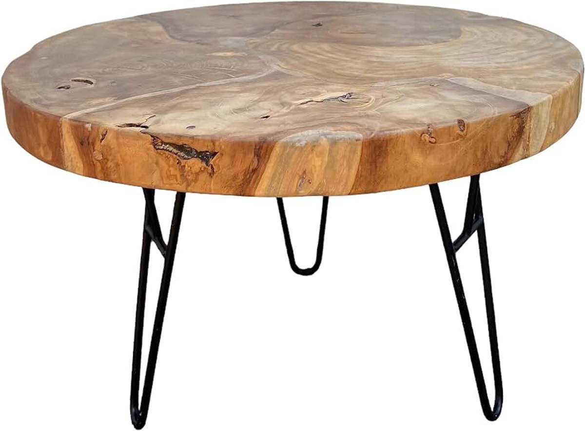 Koffietafel – met DRIE metalen poten – rond van teakhout – 60x60x43 cm