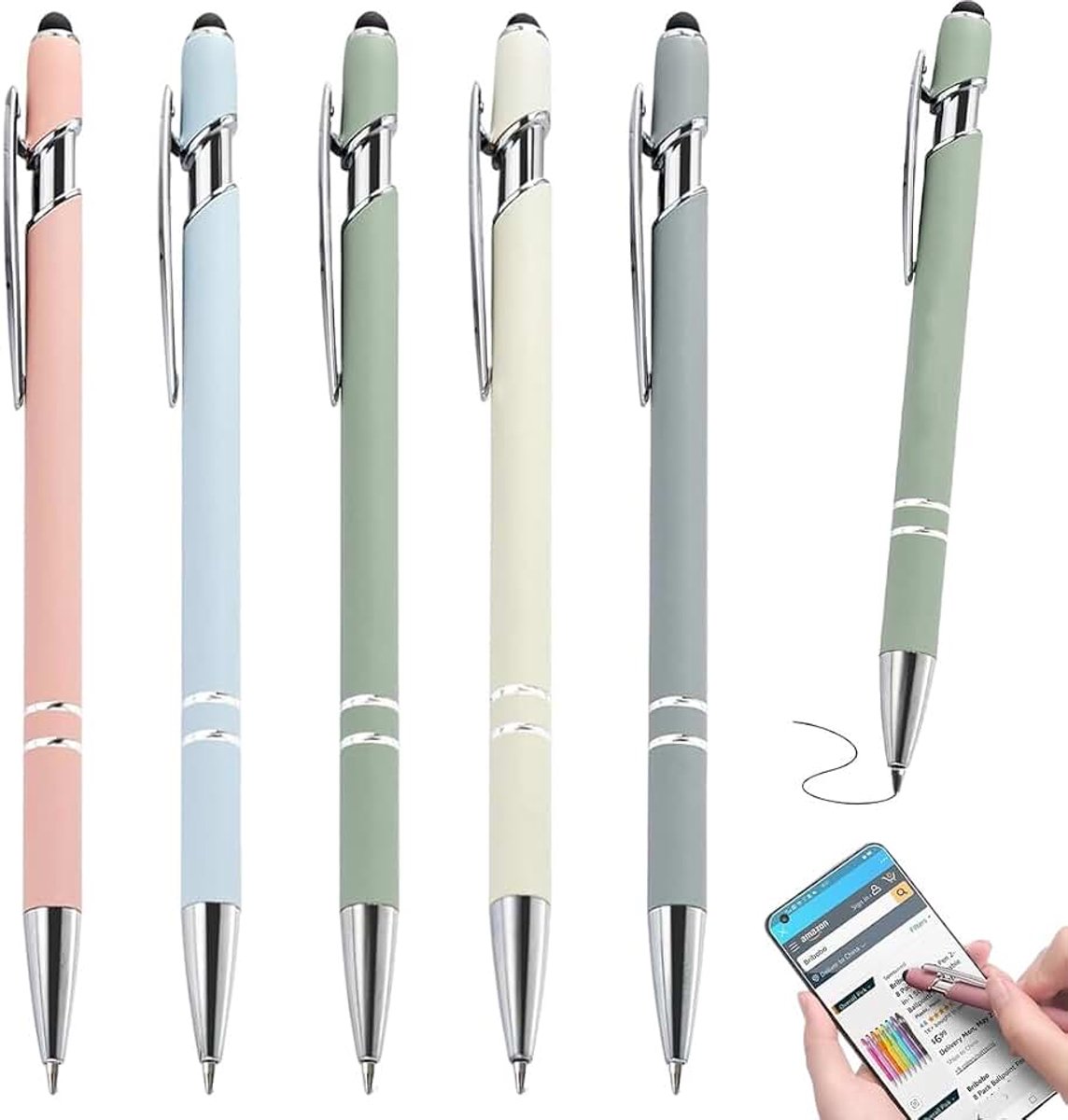 5 stuks balpenset, hoogwaardige metalen balpen met antislip gripzone en zwarte inkt, elegante Morandi-kleuren voor kantoor en huishouden
