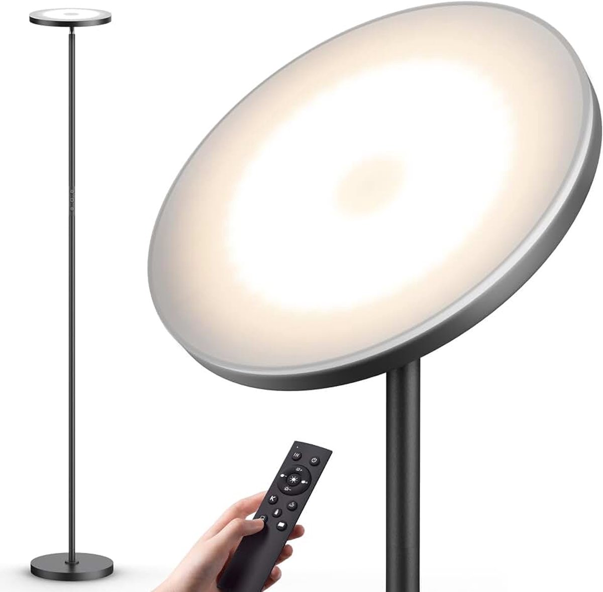 Vloerlampen voor Woonkamer, 36W Superheldere Torchiere Staande Lamp met Afstandsbediening, 175 cm Dimbare Moderne Hoge Lamp met Geheugen voor Slaapkamer, Kantoor, Hoek, Zwart