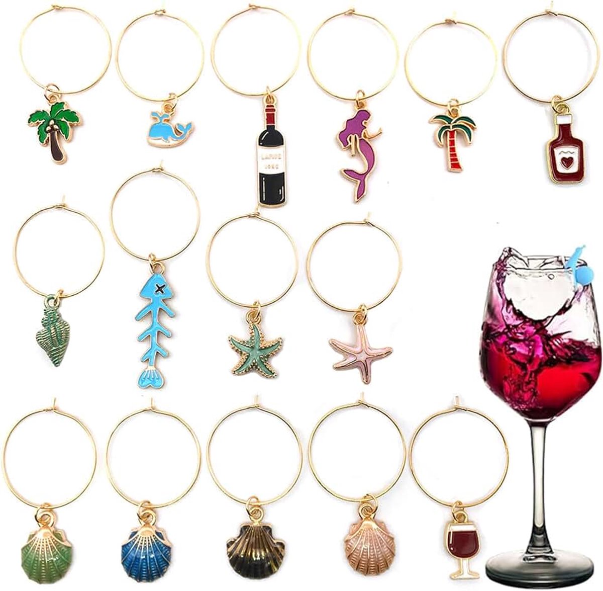 Markering hanger - wijnglas bedels 15 stuks - glas identificatieringen voor wijn & champagne proeverij, bar & feestdecoratie