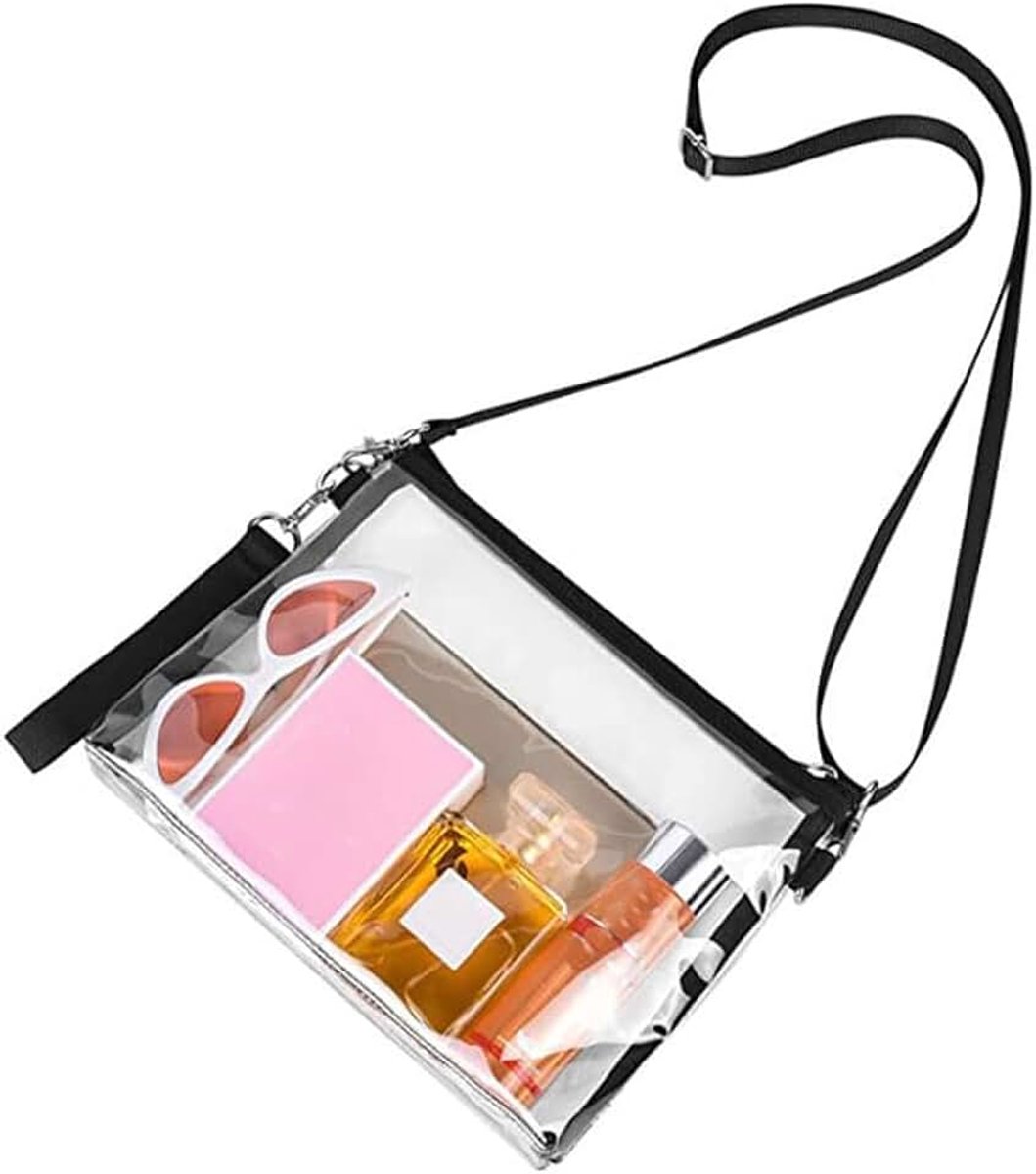 PVC Kleine Stadion Goedgekeurde Crossbody Tassen Rechthoek Doorzichtige Zwarte Handtas Clear Waterdichte Schoudertas Met Verstelbare Riem Voor Vrouwen Reizen Sport Concerten