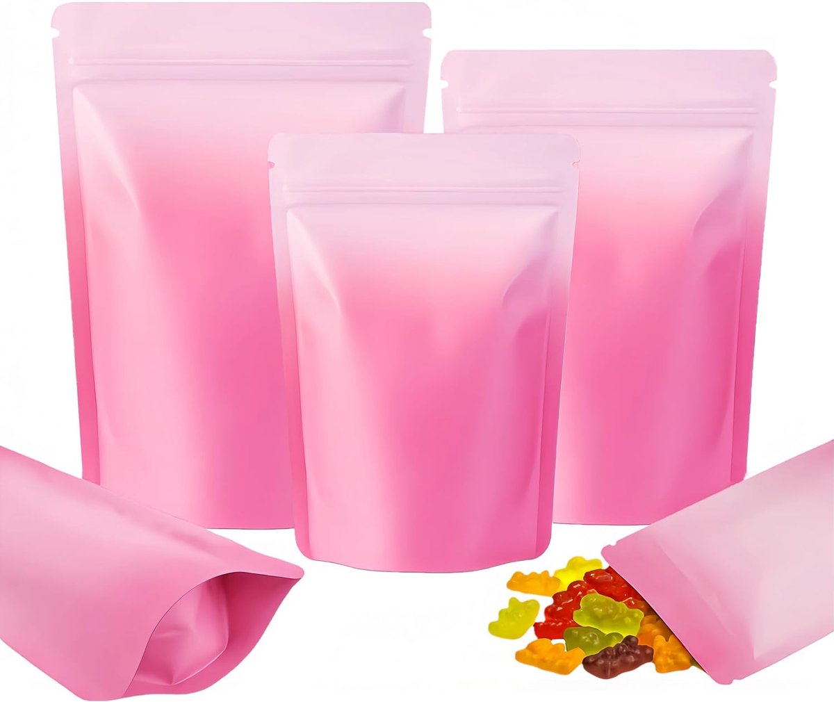 100 Stuks Staande Hersluitbare Zakjes, Aluminium Mylar Doypack, Gekleurde Herbruikbare Stazakken, Plastic Ziplock Zakjes Voor Voedselverpakking en Opslag (Roze en Wit, 16 x 24 cm)