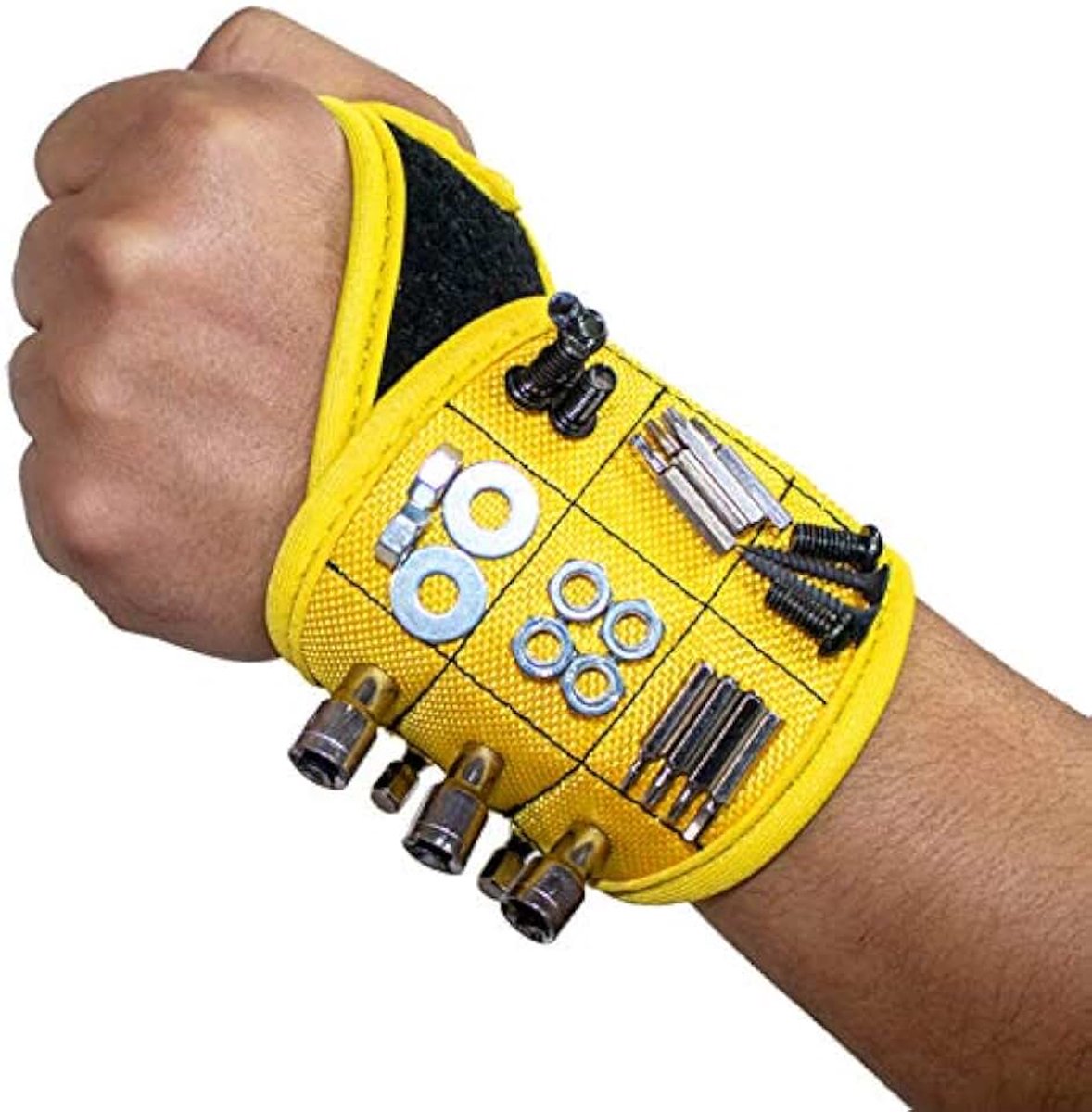 Magnetische polsband, gereedschapsriemen met 16 sterke magneten, gereedschapsriem magnetische polsband, toolkit, voor het vasthouden van schroeven nagels boren DIY klusjesman, perfect cadeau (gele pol