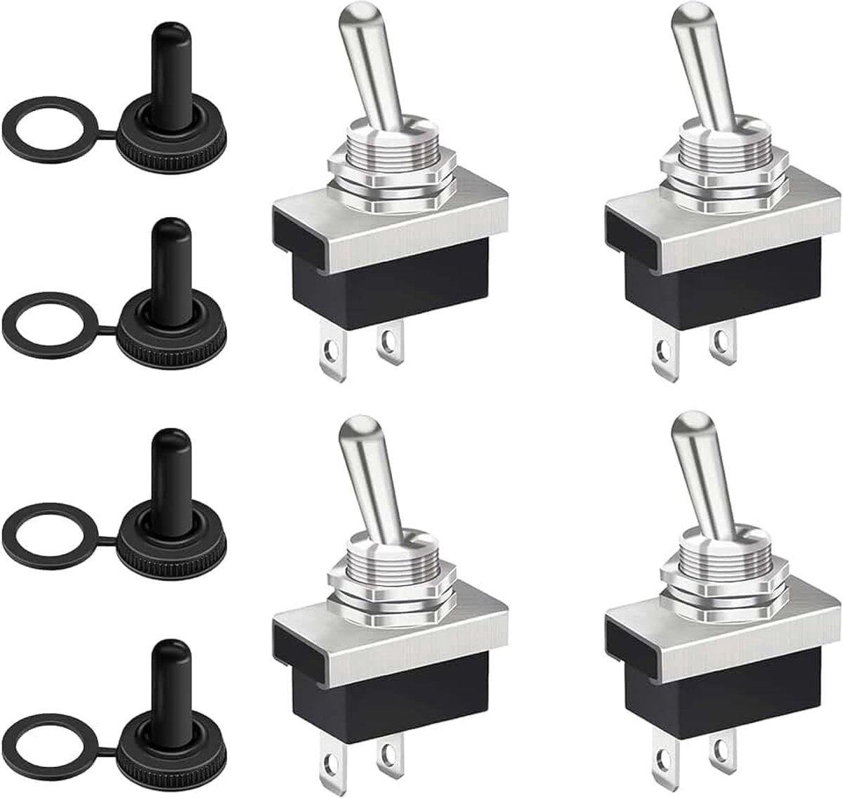 4 stuks 12 V schakelaar, waterdicht, spst aan, uit 2-polige aansluiting, 25 A DC mini metalen schakelaar met rubberen kap, tuimelschakelaar 250 V voor auto, marine en boten, tuimelschakelaar, 12 V