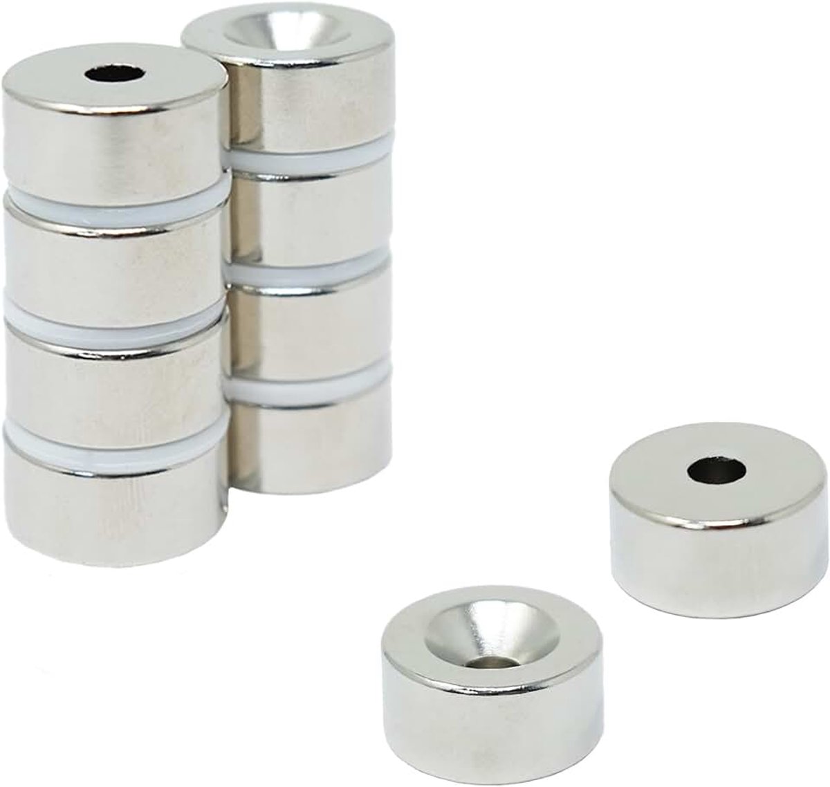 F314S-1 c/wastafel neodymium magneten Zuid, 11 kg trekken, metaal, zilver, diameter 20 mm x 10 mm dikte x 5,2 mm