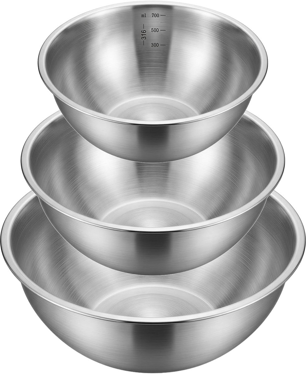 3 stuks roestvrijstalen mengkommen (0,7 liter, 1,2 liter, 2 liter), easy-grip, stapelbaar, roestvrijstalen mengkommen voor bakken, koken, salade en voedselvoorbereiding