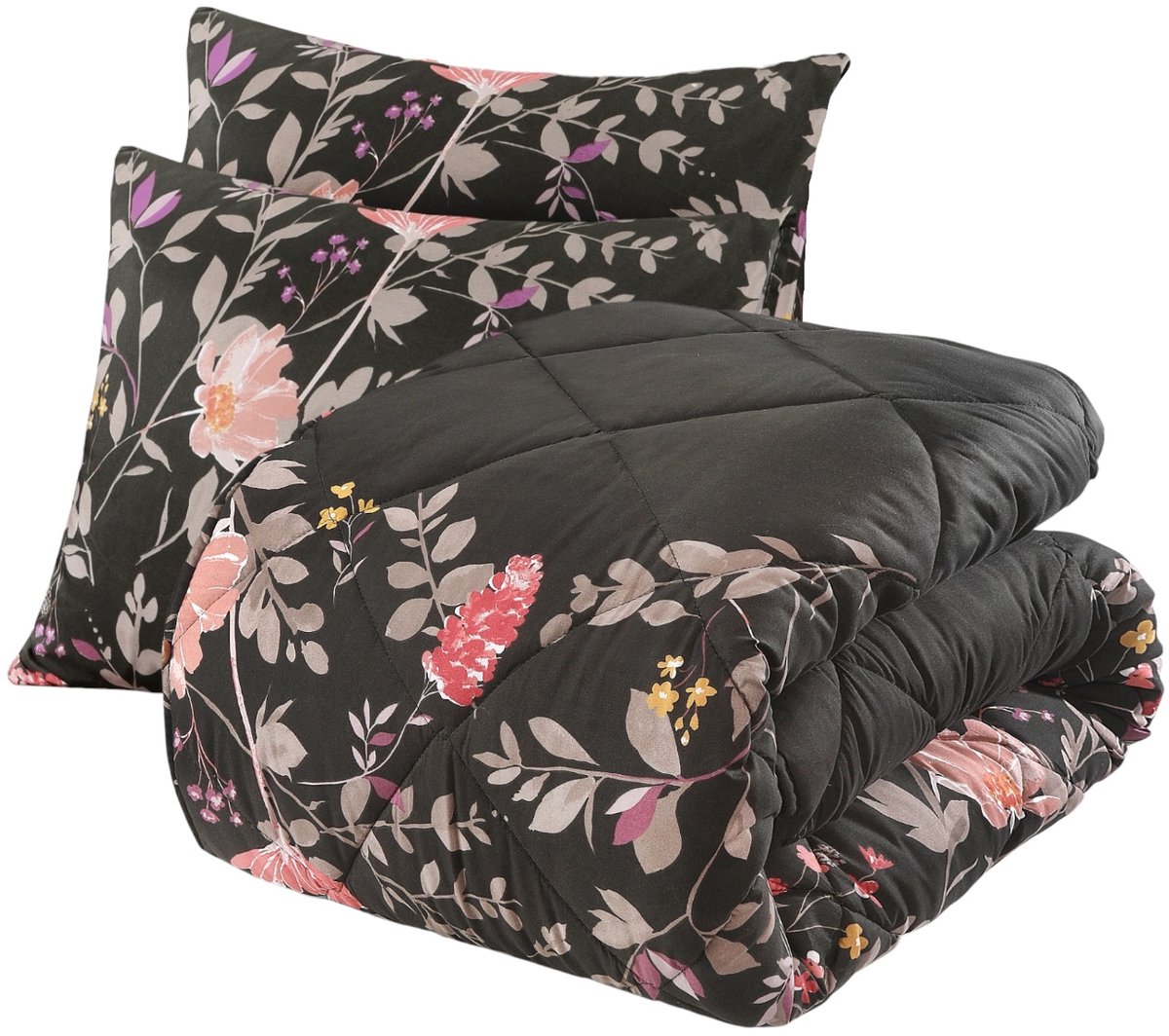 Bed Care -Lazy Dekbed- Dekbed Zonder Overtrek - Vintage Flowers - 140x200 - Antraciet - Inclusief Kussensloop 60x70 cm
