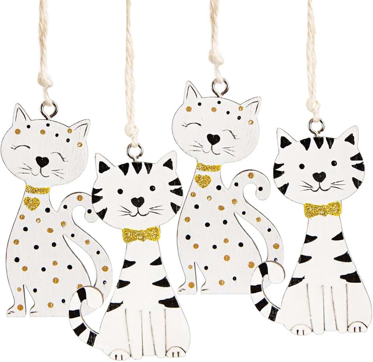 Logbuch-Verlag 4 katten decoratie met koord om op te hangen, Kerstmis, Pasen, verjaardag, cadeauhanger, 7,5 cm, wit goud