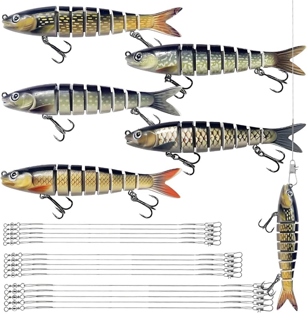 Wobbler vislok 15 stuks staalvoorfach 7x7 (15/25/30cm) Bionische snoek lok Meergewrichts vislok Swimbait Geschikt voor het vissen op barracuda's, wolfsbaarzen, forellen'