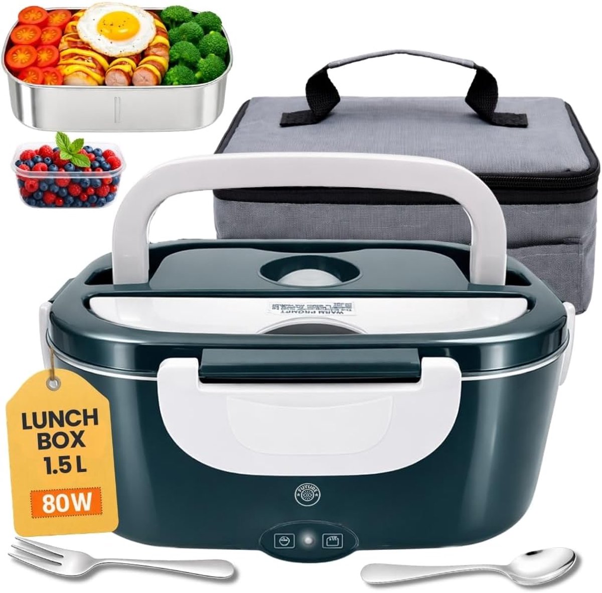 Elektrische lunchbox, 80 W, 1,5 l, voor het opwarmen van levensmiddelen, zonder magnetron, 12 V/24 V/220 V, draagbare verwarming voor auto, vrachtwagen of kantoor