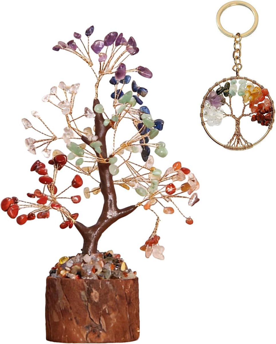 2-delige levensboom-set: kristallen geldboom met 7 chakra helende stenen als spirituele decoratie & levensboom sleutelhanger - esoterische geschenken voor positieve energie, meditatie & verjaardag
