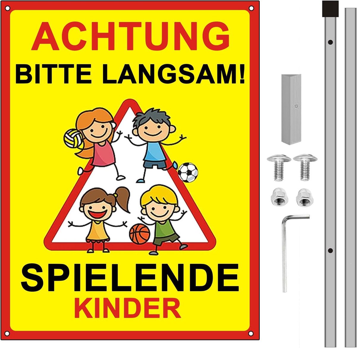 Let op kinderbord met reflectoren, inclusief schroeven en inbussleutel. Langzaam rijbord met palen, geschikt voor binnen en buiten