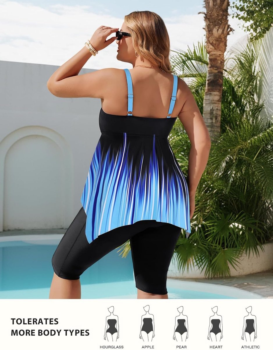 Nikole Tankini voor dames, buikweg, grote maten, push-up, tweedelig badpak, V-hals, onregelmatige zoom, badmode, bovendeel met zwemshorts